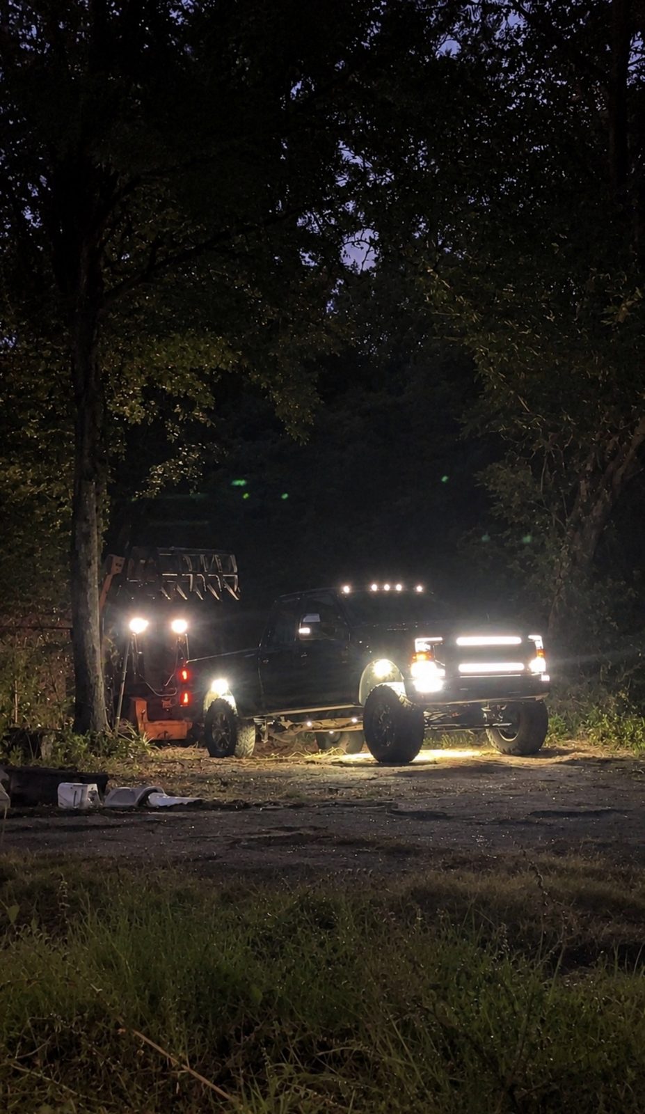 Truck and trailer lit up after a late job